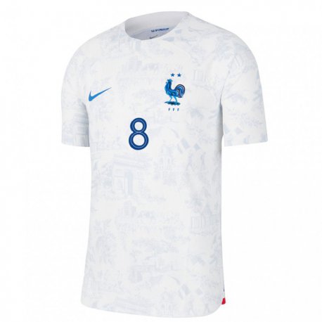 Kandiny Kinder Französische Maxence Caqueret #8 Weiß Blau Auswärtstrikot Trikot 22-24 T-shirt