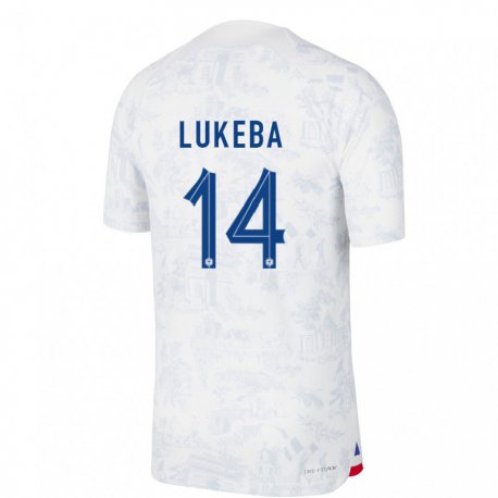 Kandiny Kinder Französische Castello Lukeba #14 Weiß Blau Auswärtstrikot Trikot 22-24 T-shirt