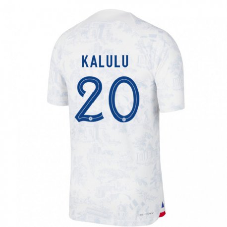 Kandiny Kinder Französische Pierre Kalulu #20 Weiß Blau Auswärtstrikot Trikot 22-24 T-shirt