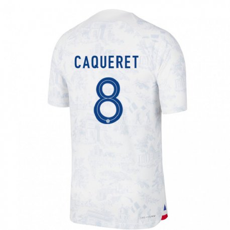 Kandiny Damen Französische Maxence Caqueret #8 Weiß Blau Auswärtstrikot Trikot 22-24 T-shirt