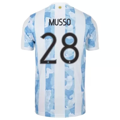 Damen Argentinische Fussballnationalmannschaft Juan Musso #28 Heimtrikot Blau Weiss 2021 Trikot