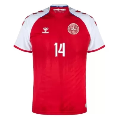Herren Dänische Fussballnationalmannschaft Mikkel Damsgaard #14 Heimtrikot Rot 2021 Trikot
