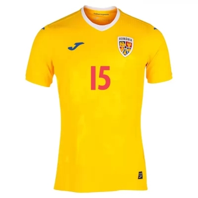 Damen Rumänische Fussballnationalmannschaft Andrei Burca #15 Heimtrikot Gelb 2021 Trikot