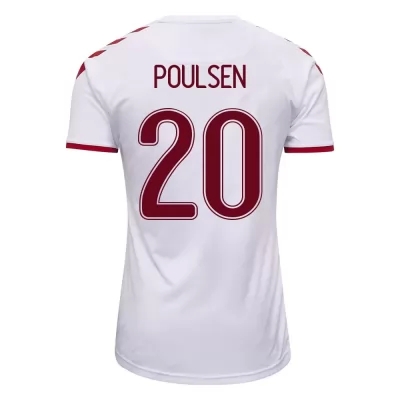 Kinder Dänische Fussballnationalmannschaft Yussuf Poulsen #20 Auswärtstrikot Weiß 2021 Trikot
