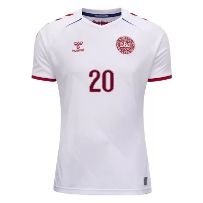 Kinder Dänische Fussballnationalmannschaft Yussuf Poulsen #20 Auswärtstrikot Weiß 2021 Trikot