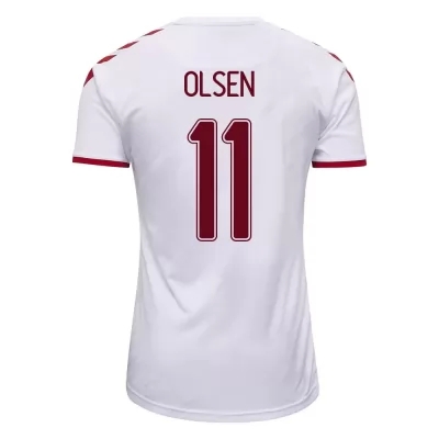 Herren Dänische Fussballnationalmannschaft Andreas Skov Olsen #11 Auswärtstrikot Weiß 2021 Trikot