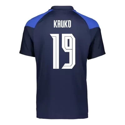 Damen Finnische Fussballnationalmannschaft Joni Kauko #19 Auswärtstrikot Dunkelblau 2021 Trikot