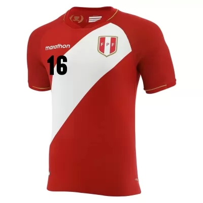 Damen Peruanische Fussballnationalmannschaft Marcos Lopez #16 Auswärtstrikot Rot Weiß 2021 Trikot