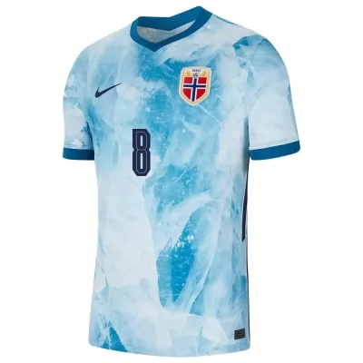 Damen Norwegische Fussballnationalmannschaft Patrick Berg #8 Auswärtstrikot Hellblau 2021 Trikot