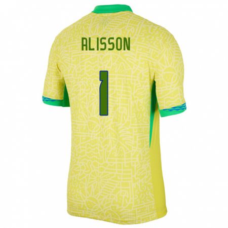 Kandiny Kinder Brasilien Alisson #1 Gelb Heimtrikot Trikot 24-26 T-Shirt