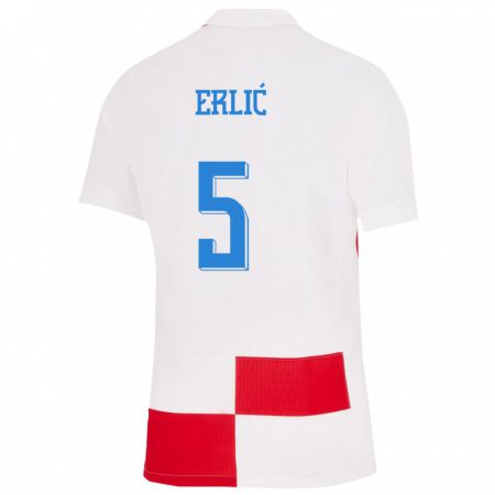 Kandiny Kinder Kroatien Martin Erlic #5 Weiß Rot Heimtrikot Trikot 24-26 T-Shirt