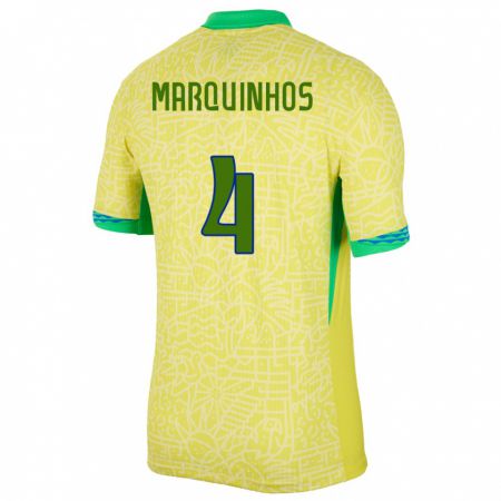Kandiny Herren Brasilien Marquinhos #4 Gelb Heimtrikot Trikot 24-26 T-Shirt
