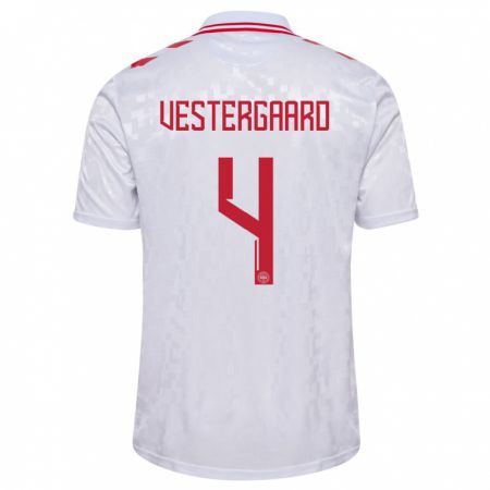 Kandiny Herren Dänemark Jannik Vestergaard #4 Weiß Auswärtstrikot Trikot 24-26 T-Shirt