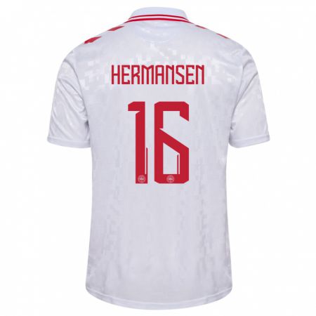 Kandiny Herren Dänemark Mads Hermansen #16 Weiß Auswärtstrikot Trikot 24-26 T-Shirt