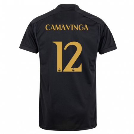 Kandiny Kinder Eduardo Camavinga #12 Schwarz Ausweichtrikot Trikot 2023/24 T-Shirt
