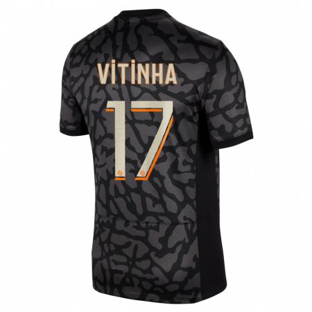 Kandiny Kinder Vitinha #17 Schwarz Ausweichtrikot Trikot 2023/24 T-Shirt