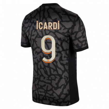 Kandiny Kinder Mauro Icardi #9 Schwarz Ausweichtrikot Trikot 2023/24 T-Shirt