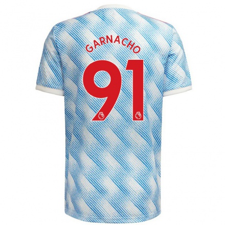 Kinder Fußball Alejandro Garnacho #91 Blau Weiss Auswärtstrikot Trikot 2021/22 T-shirt
