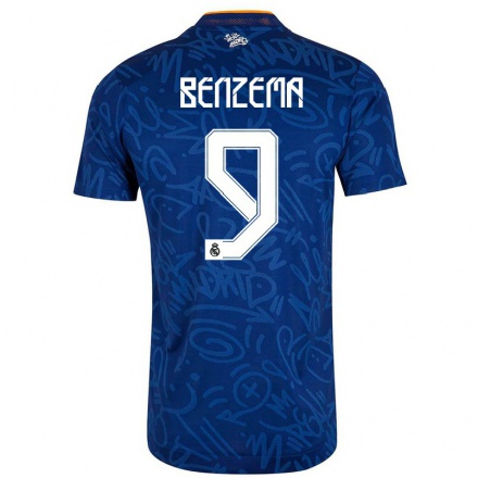 Kinder Fußball Karim Benzema #9 Dunkelblau Auswärtstrikot Trikot 2021/22 T-Shirt