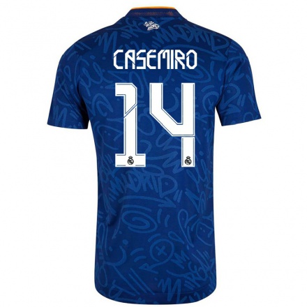 Kinder Fußball Casemiro #14 Dunkelblau Auswärtstrikot Trikot 2021/22 T-Shirt