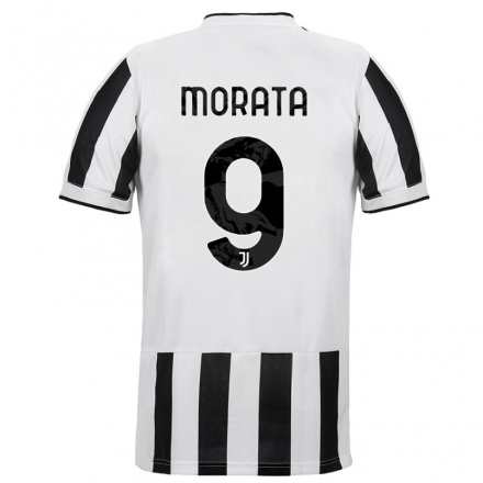 Kinder Fußball Alvaro Morata #9 Weiß Schwarz Heimtrikot Trikot 2021/22 T-Shirt