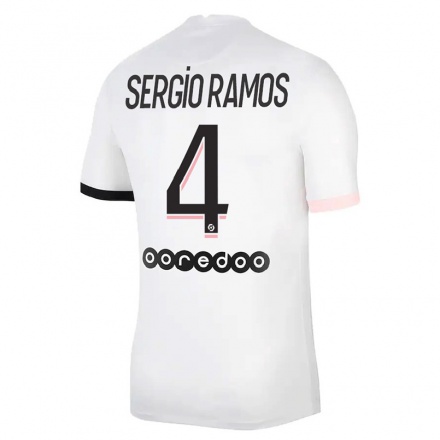 Kinder Fußball Sergio Ramos #4 Weiß Rosa Auswärtstrikot Trikot 2021/22 T-Shirt
