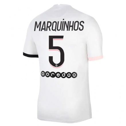 Kinder Fußball Marquinhos #5 Weiß Rosa Auswärtstrikot Trikot 2021/22 T-shirt