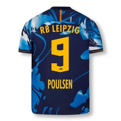 Kinder Fußball Yussuf Poulsen #9 UEFA Weiß Blau Trikot 2020/21 Hemd