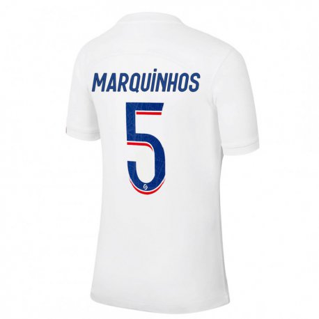 Kandiny Kinder Marquinhos #5 Weiß Blau Ausweichtrikot Trikot 2022/23 T-shirt