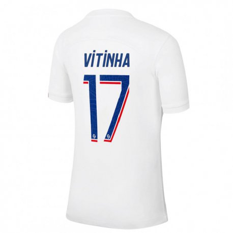 Kandiny Kinder Vitinha #17 Weiß Blau Ausweichtrikot Trikot 2022/23 T-shirt